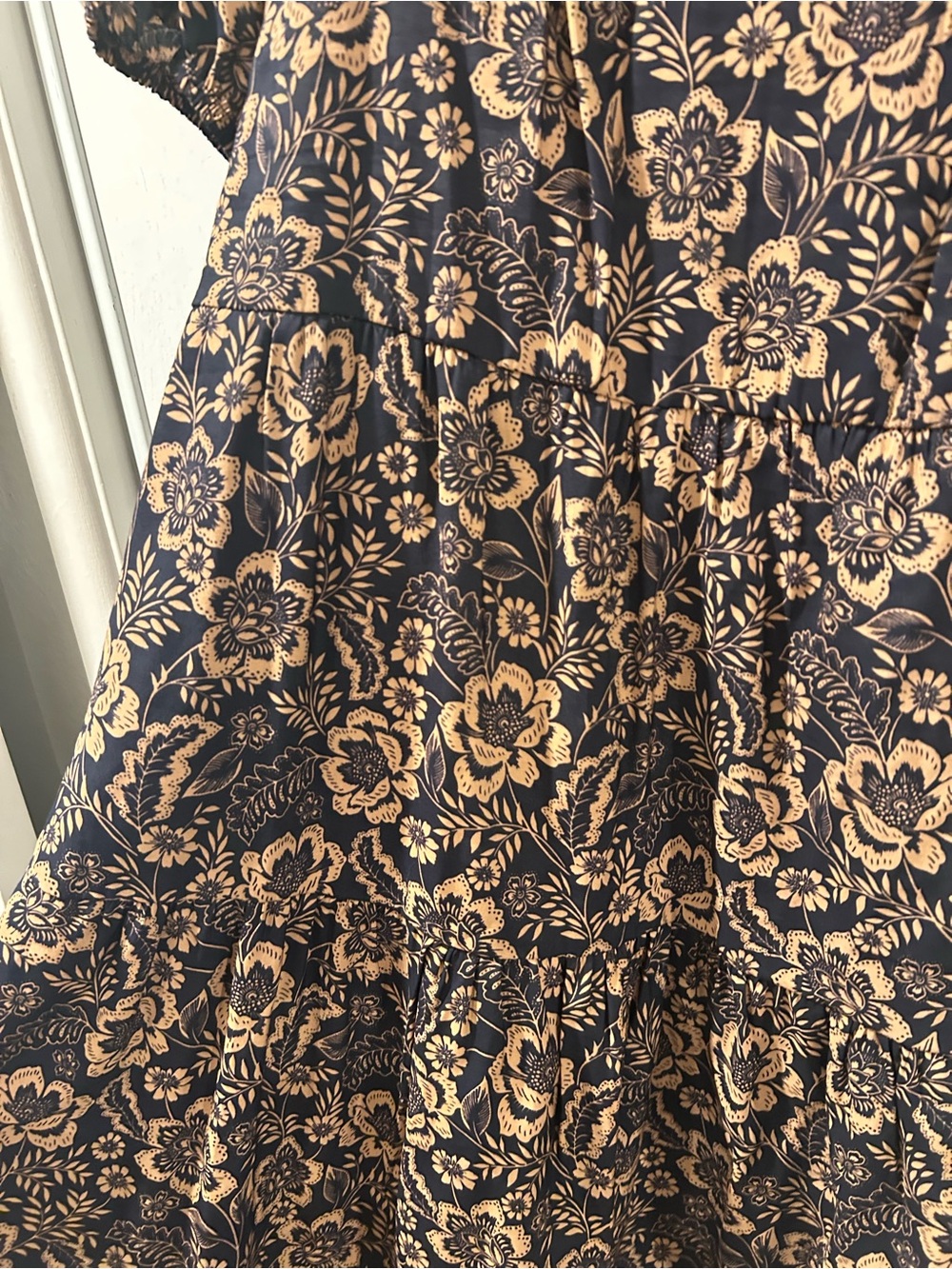 Velvet Heart Black Floral A-Line Tiered Dress with Tan Print